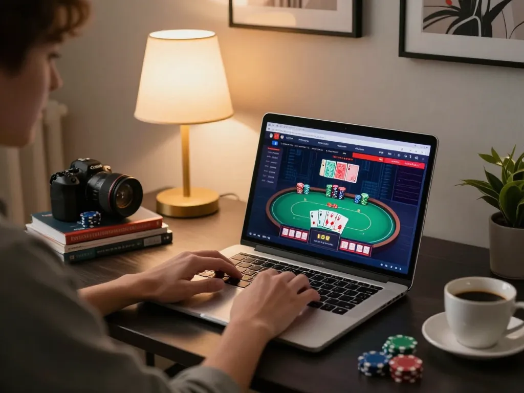 Engaging online gambling session at red888, showcasing poker gameplay on a laptop amidst a cozy home setting