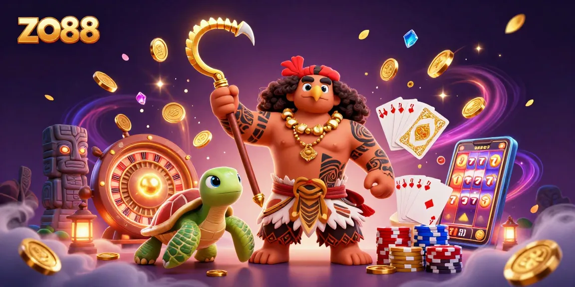 Play slot games and win with zo88 in this vibrant 3D illustration featuring exciting casino elements.