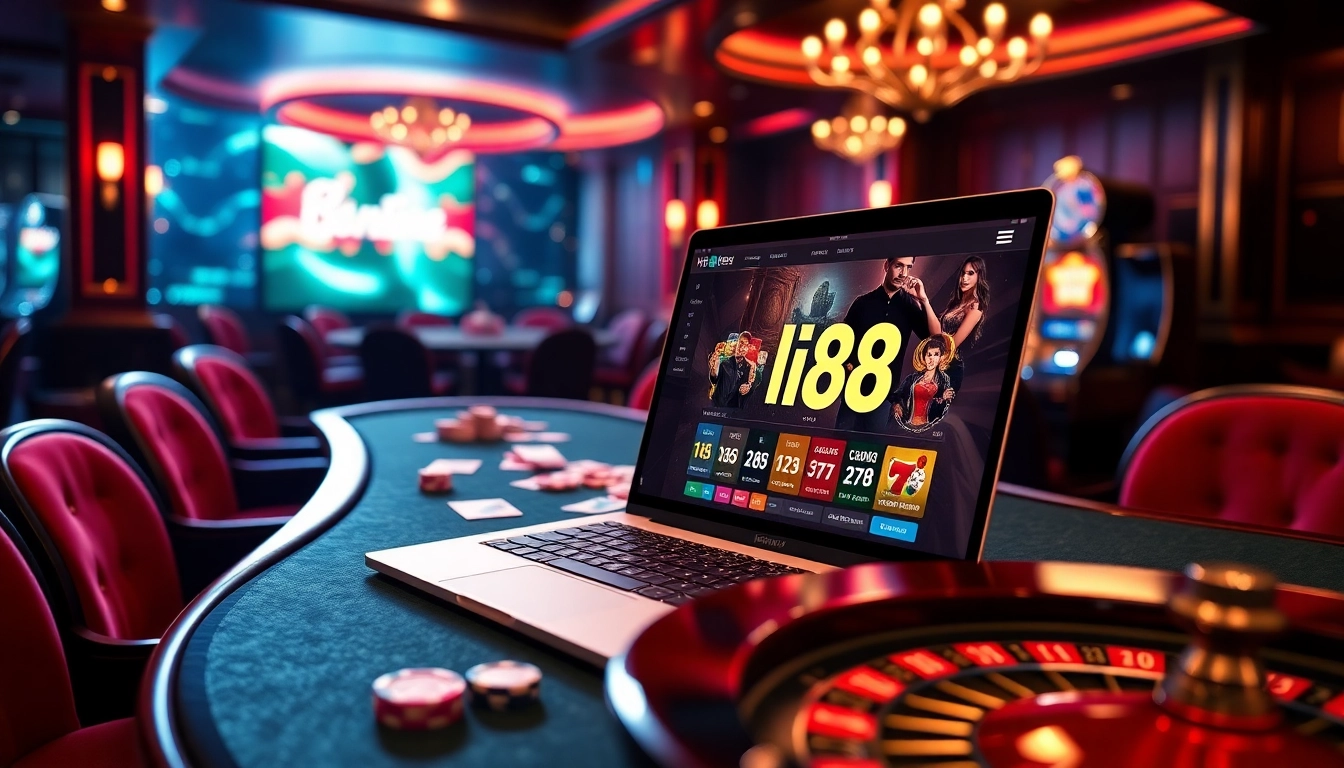 Engage in thrilling gameplay at Hi88 with a vibrant casino atmosphere featuring poker tables and slot machines.