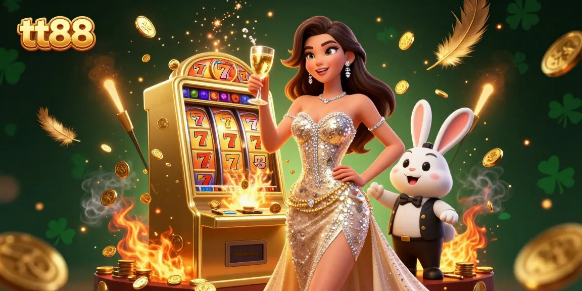 Experience the excitement at tt88 as a glamorous woman celebrates beside a jackpot slot machine.