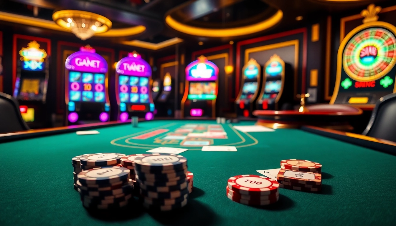 Thrilling poker action at THABET with colorful chips and gaming tables.