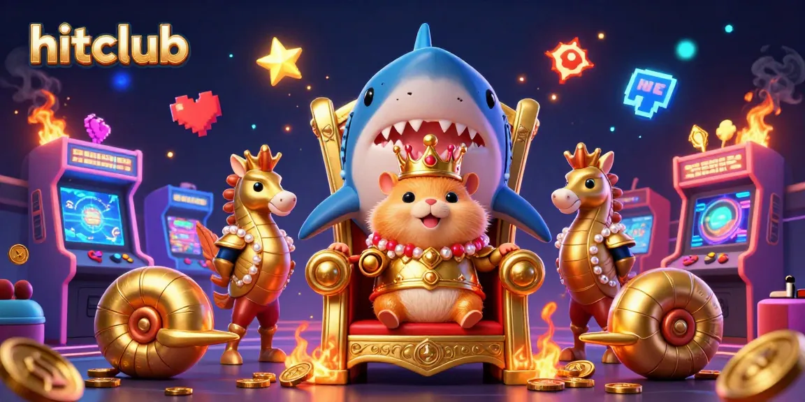 Experience the vibrant hitclub gaming world with a fierce golden hamster king and colorful slot elements.