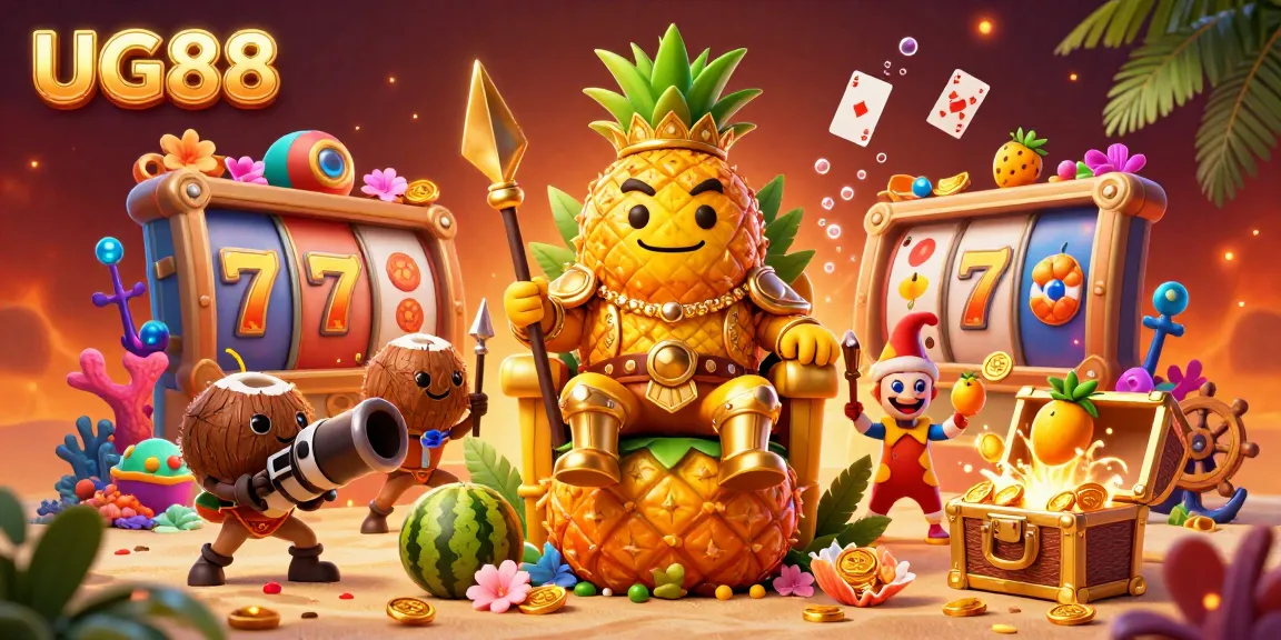 Experience the vibrant excitement of UG88 with a lively beach casino scene featuring unique characters and slot elements.