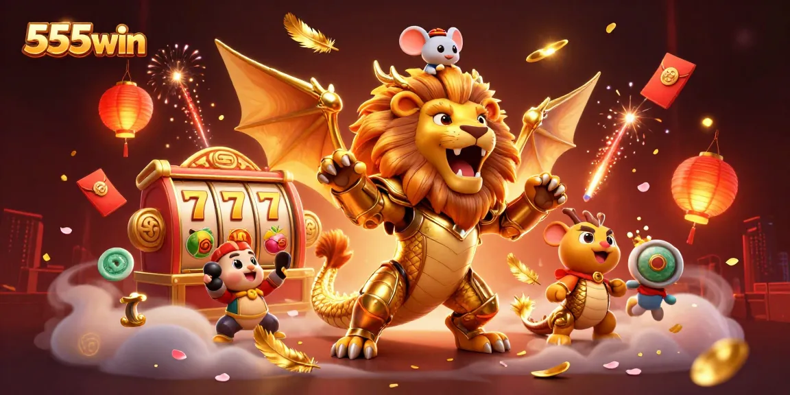 Experience the thrilling world of 555win with a golden chimera and lively slot game elements.