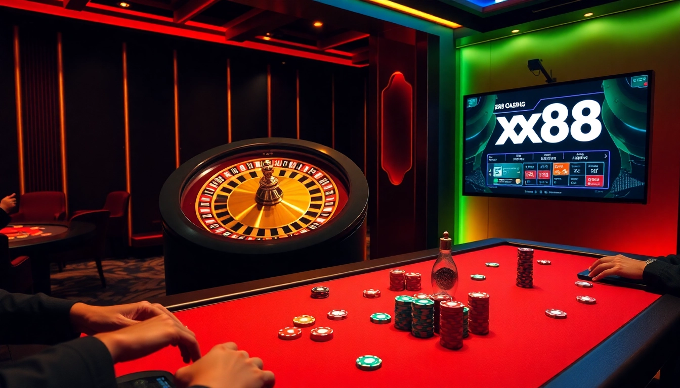 Experience the excitement of casino gaming at xx88 with vibrant poker chips and a roulette wheel.