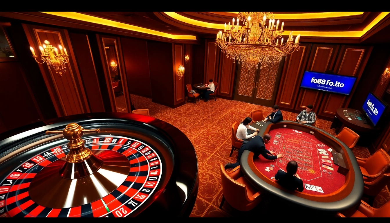 A vibrant scene of online gambling at https://fo88.ltd/ featuring roulette wheel, poker players, and luxury casino decor.