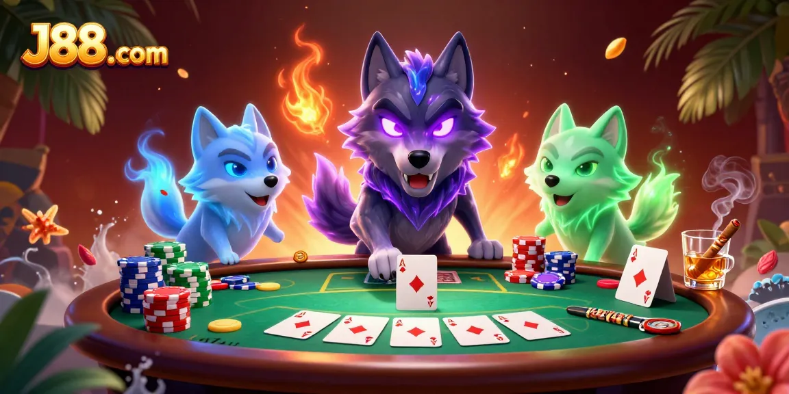 Engage with the thrilling atmosphere of J88. com's digital casino realm featuring dynamic poker action.