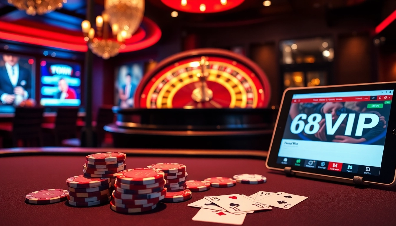 Casino scene that highlights Nhà Cái 68VIP Có Uy Tín with vibrant tables and strategic gaming elements.
