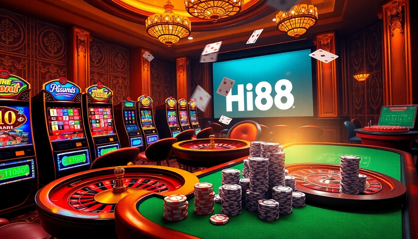 Experience the luxury of Hi88 with vibrant casino elements like poker chips, dice, and slot machines.