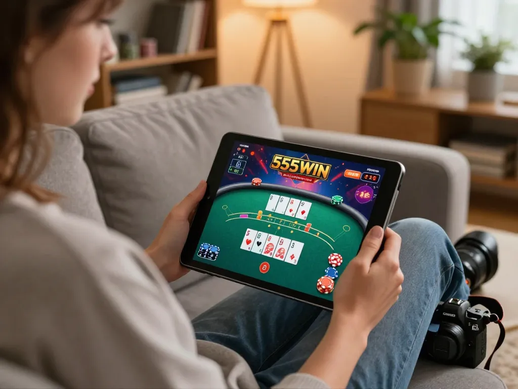 Engaging in online casino action with 555WIN on a tablet in a cozy home environment