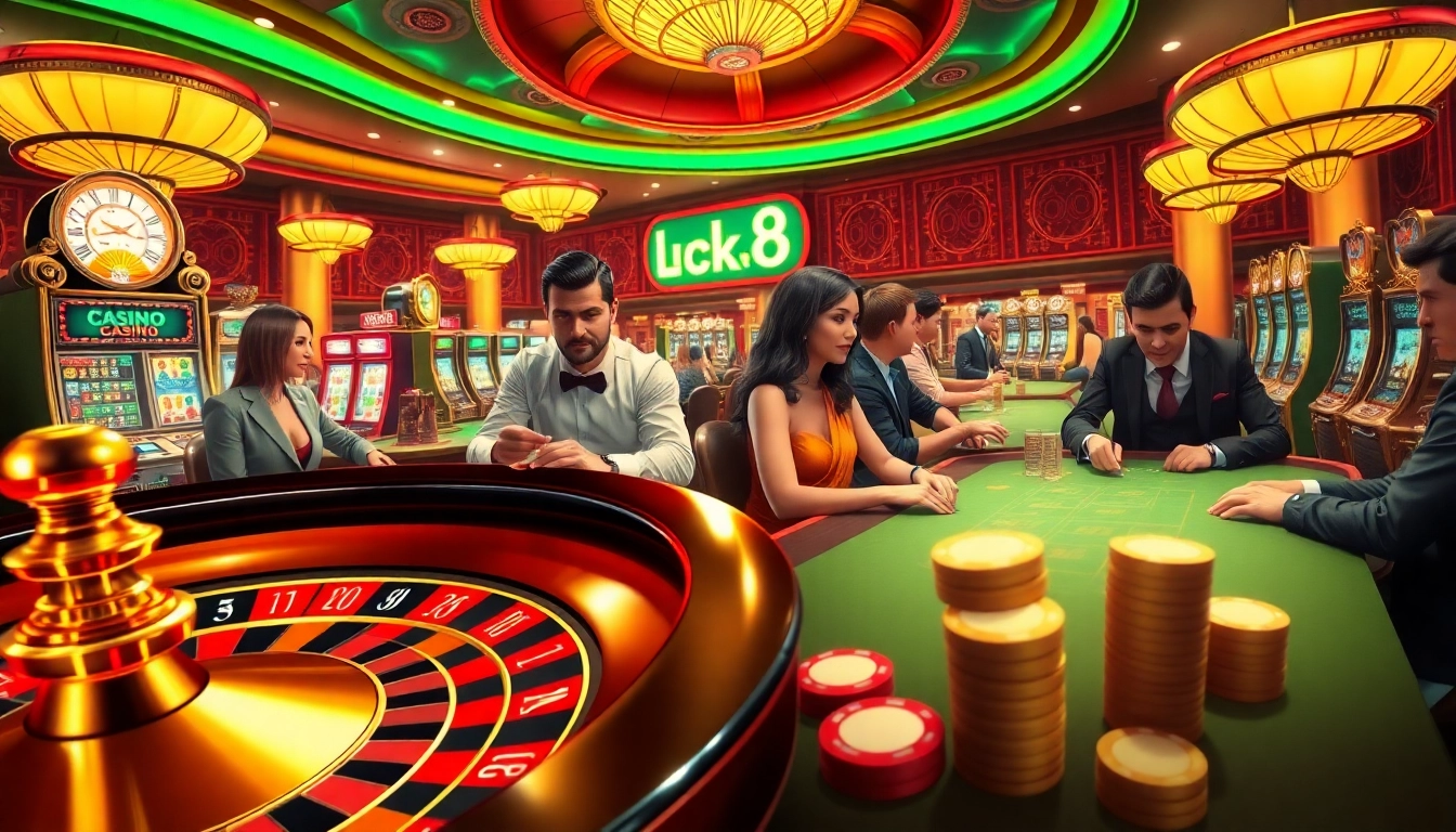 Players enjoying exciting games at Luck8 Casino, showcasing roulette, poker chips, and slot machines.