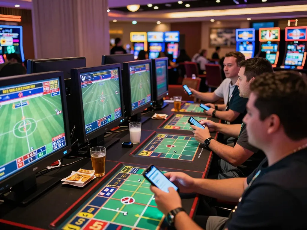 Sports bettors engaging with live odds at qh88go, enjoying a dynamic betting atmosphere in a modern casino