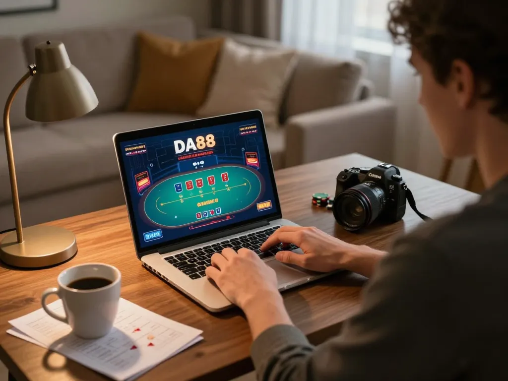 Engaging in DA88 poker gameplay on a laptop at a cozy home workspace, highlighting strategy notes and cozy atmosphere.
