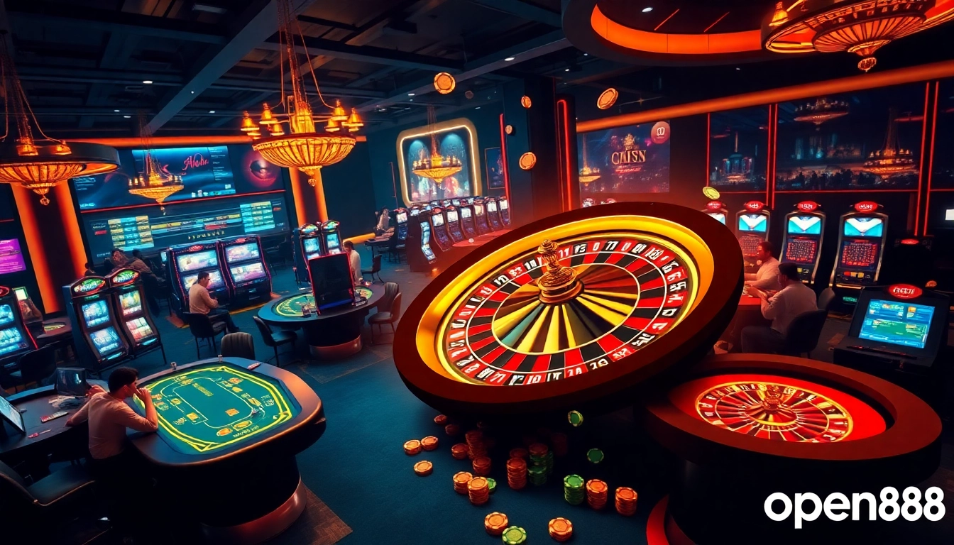 An engaging scene at open88 casino featuring vibrant roulette wheel and poker tables.