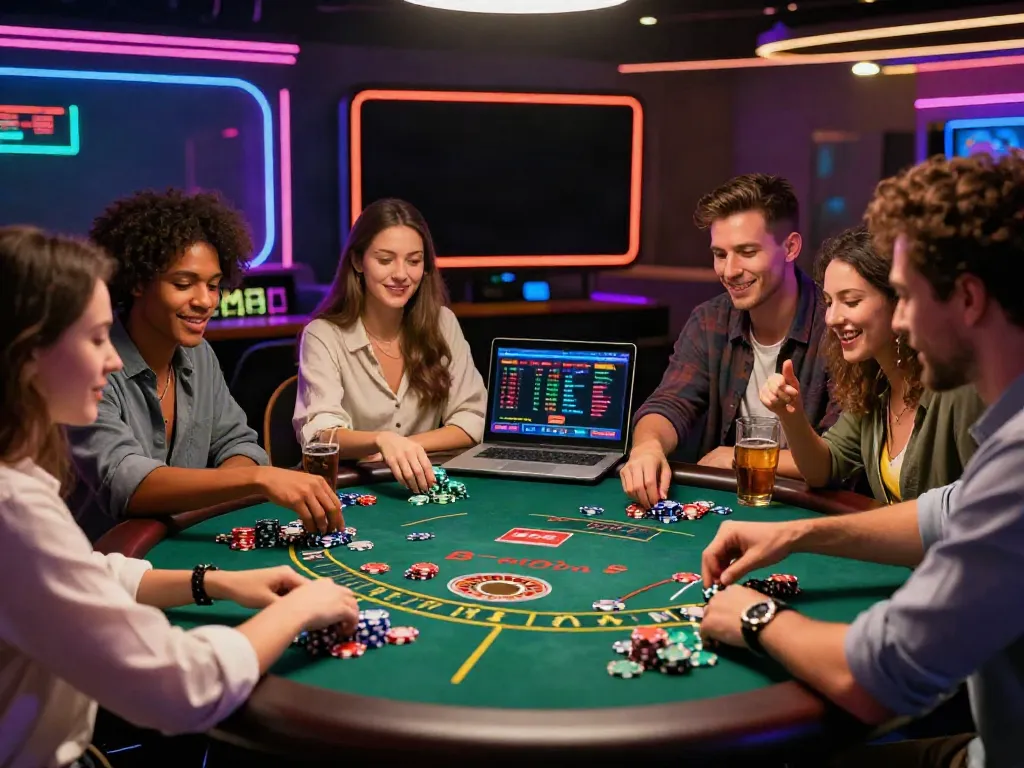 Friends enjoying games at a casino not on Gamstop, showcasing excitement and camaraderie.