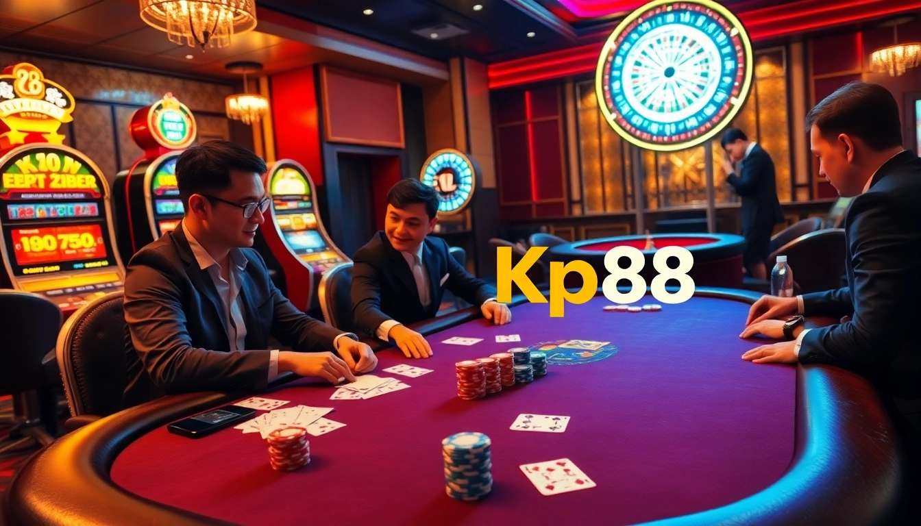 Players at a poker table enjoying a game at Kp88 casino, surrounded by slot machines and roulette.