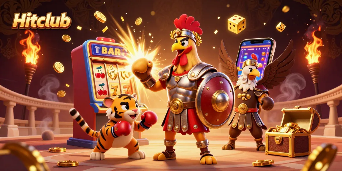 Engage with Hitclub's dynamic gaming realm, showcasing excitement with slot machines and vibrant activities.