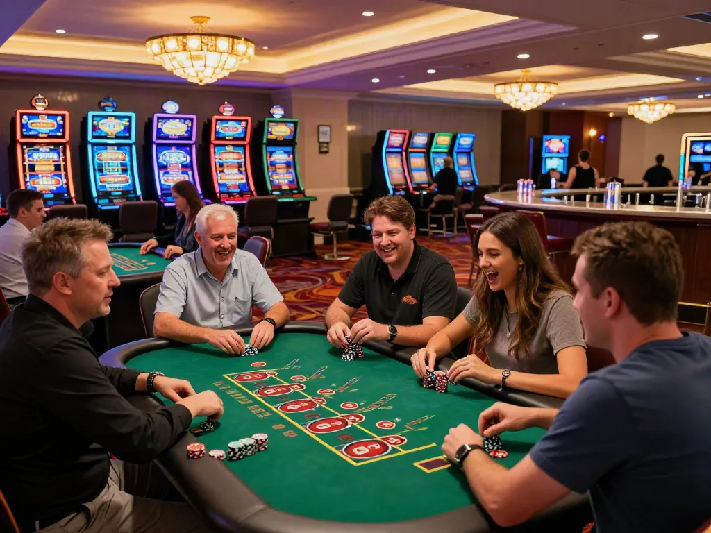 Engaged players at a casino not on gamstop table, vibrant atmosphere with lively games and warm lighting.