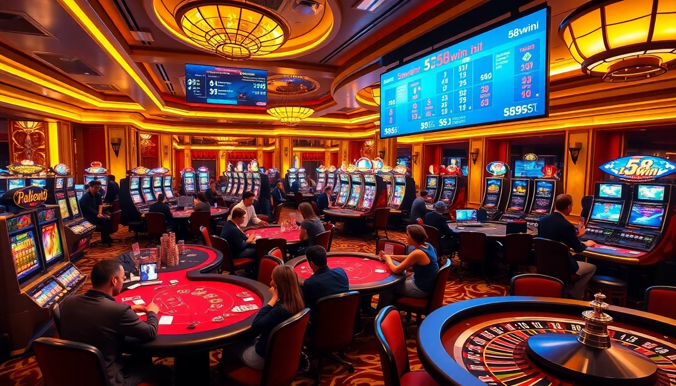 Players engaged at 58win's vibrant casino tables amidst colorful chips and modern slot machines.