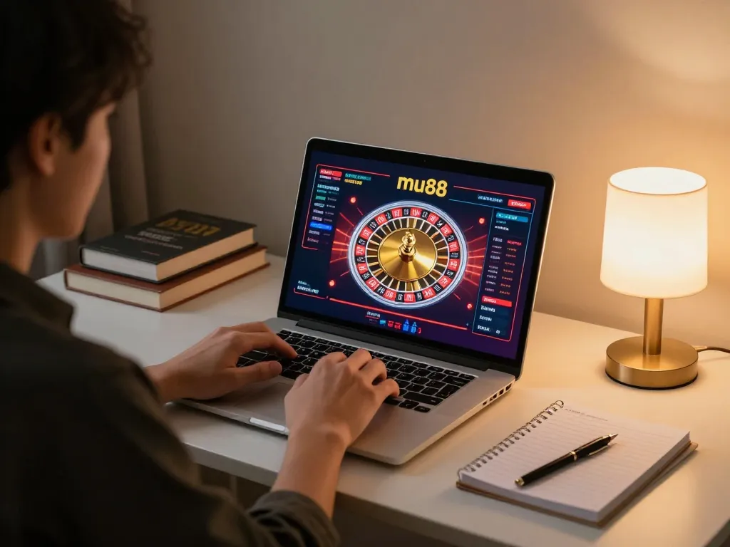 mu88 user engaging in online roulette gameplay on laptop with strategic notes