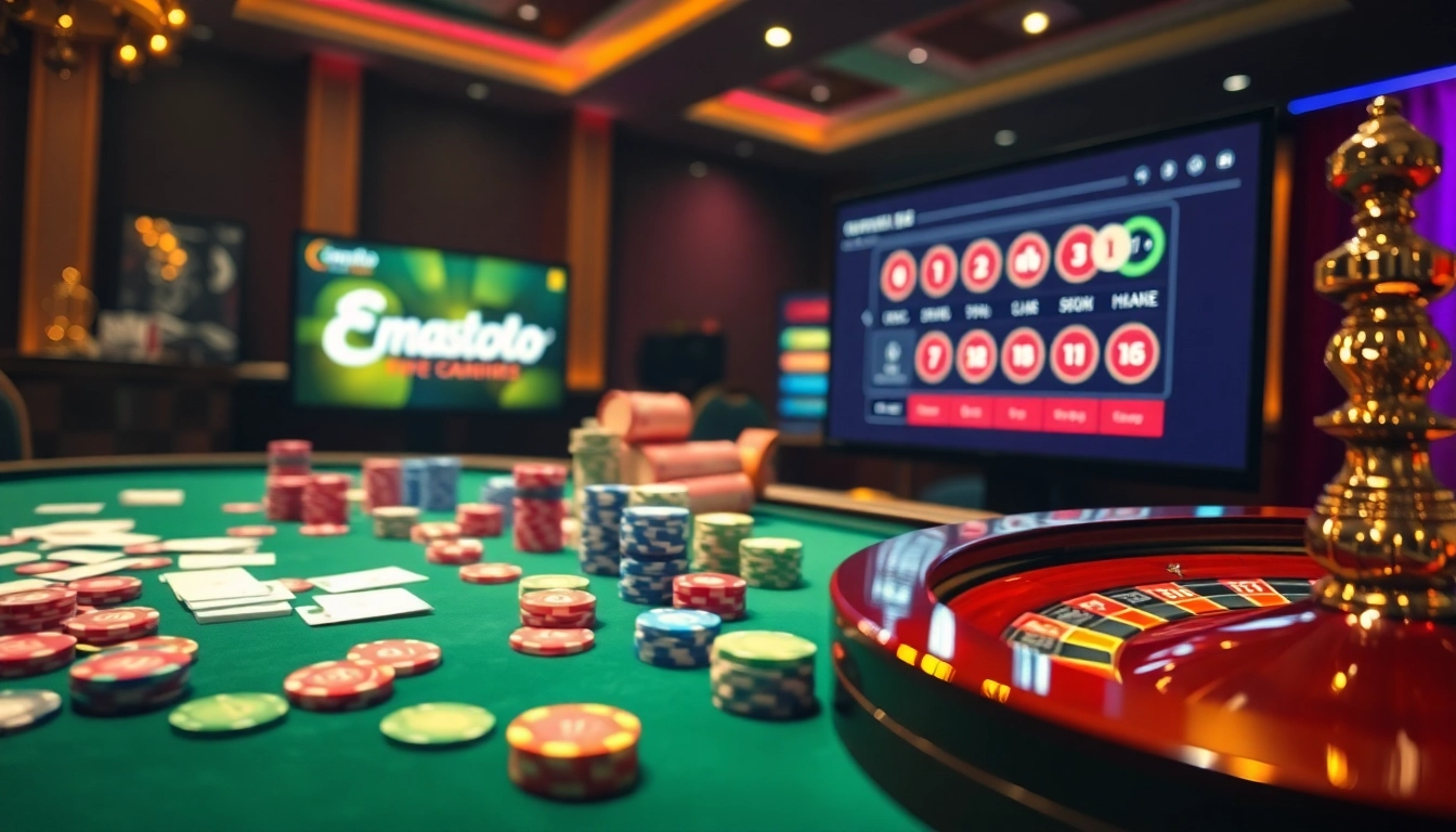 Emastoto enhances the casino experience with vibrant poker chips and live betting excitement.