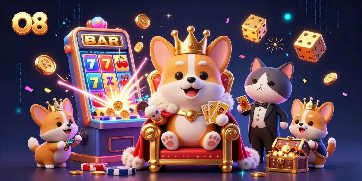 Spin the reels and win at O8's vibrant casino scene with gold coins and jackpots.