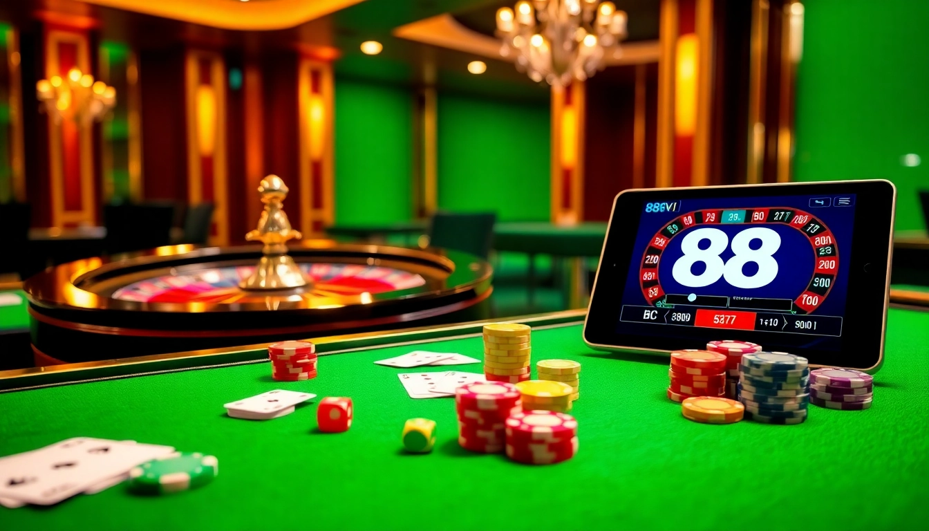 Exciting online gambling experience at https://888vi.com.co/ featuring poker chips and a roulette wheel.