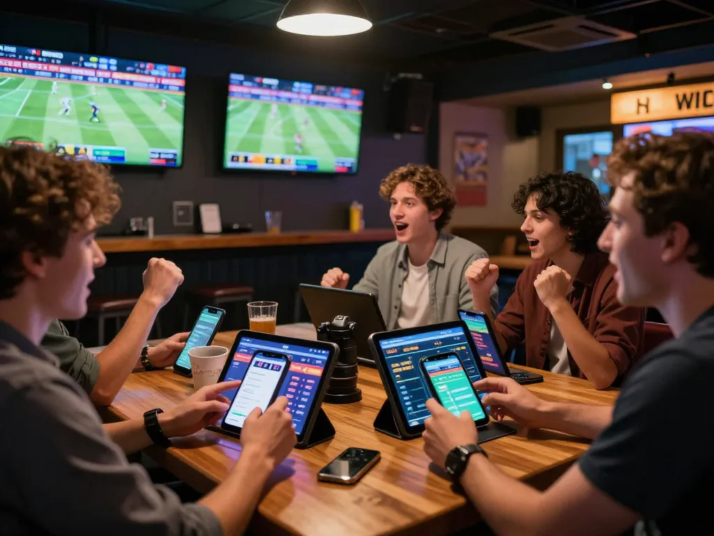 Reacting to ผลบอล during an exhilarating live sports betting session in a lively bar setting.