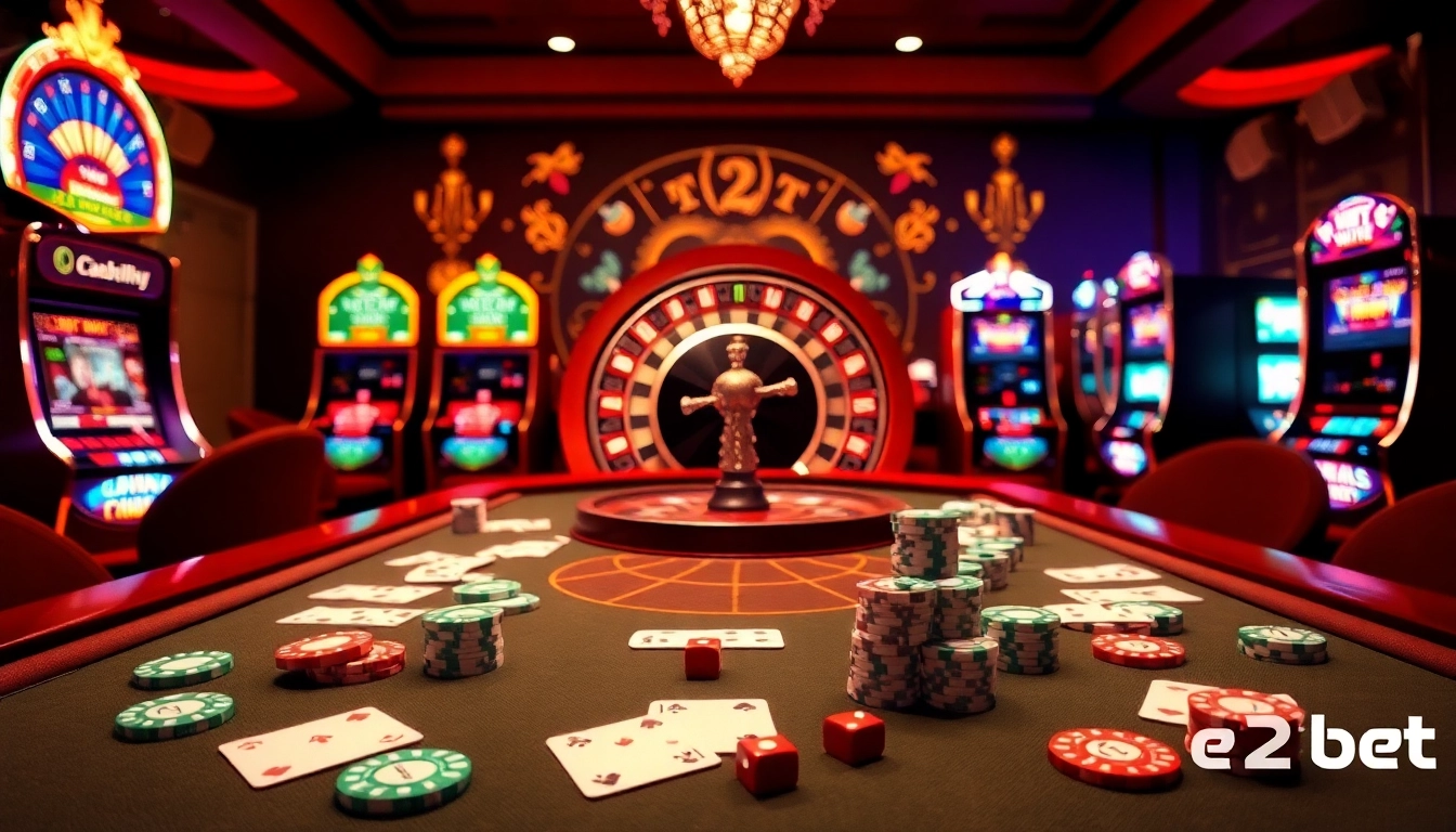 Experience high-stakes gameplay at e2bet's luxurious casino, featuring tables and immersive gaming elements.