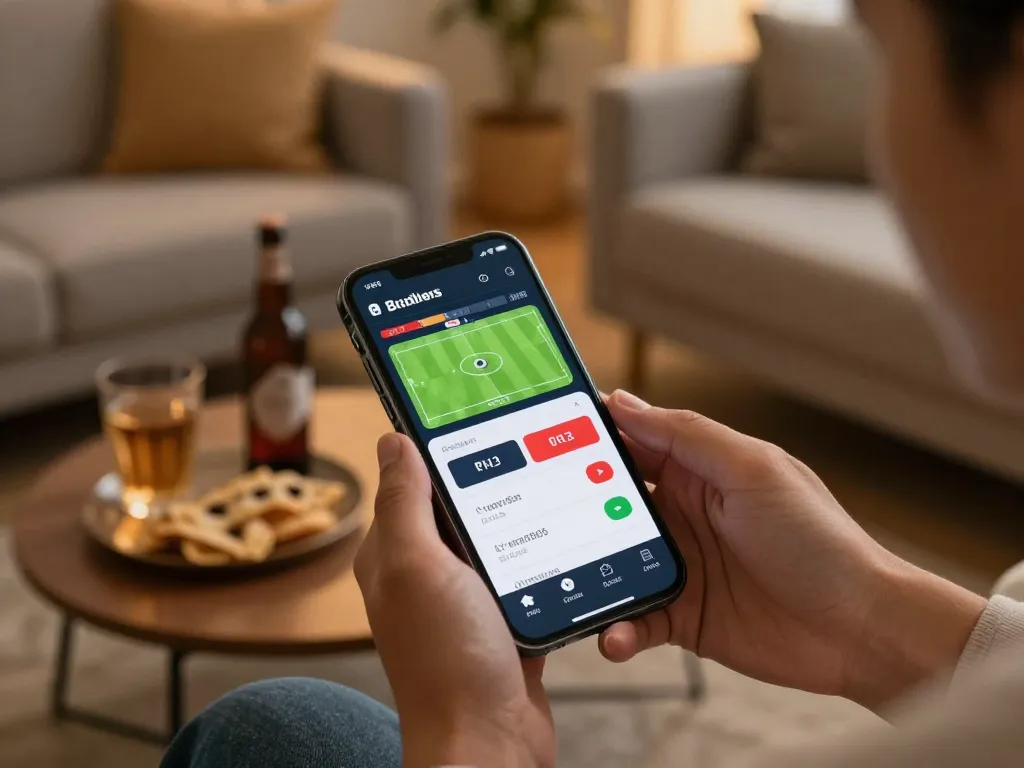 Betting on Bsport app for live sports matches, with hands engaged in mobile gambling.