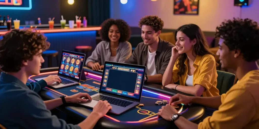 Friends enjoying a vibrant online gaming experience at a casino not on gamstop, surrounded by colorful LED lights and a lively atmosphere.