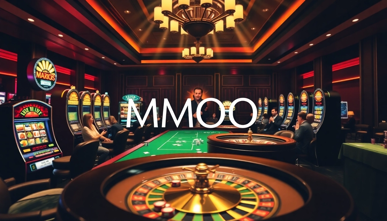 Engaging players at MMOO enjoy a vibrant online casino experience with poker tables and slot machines.