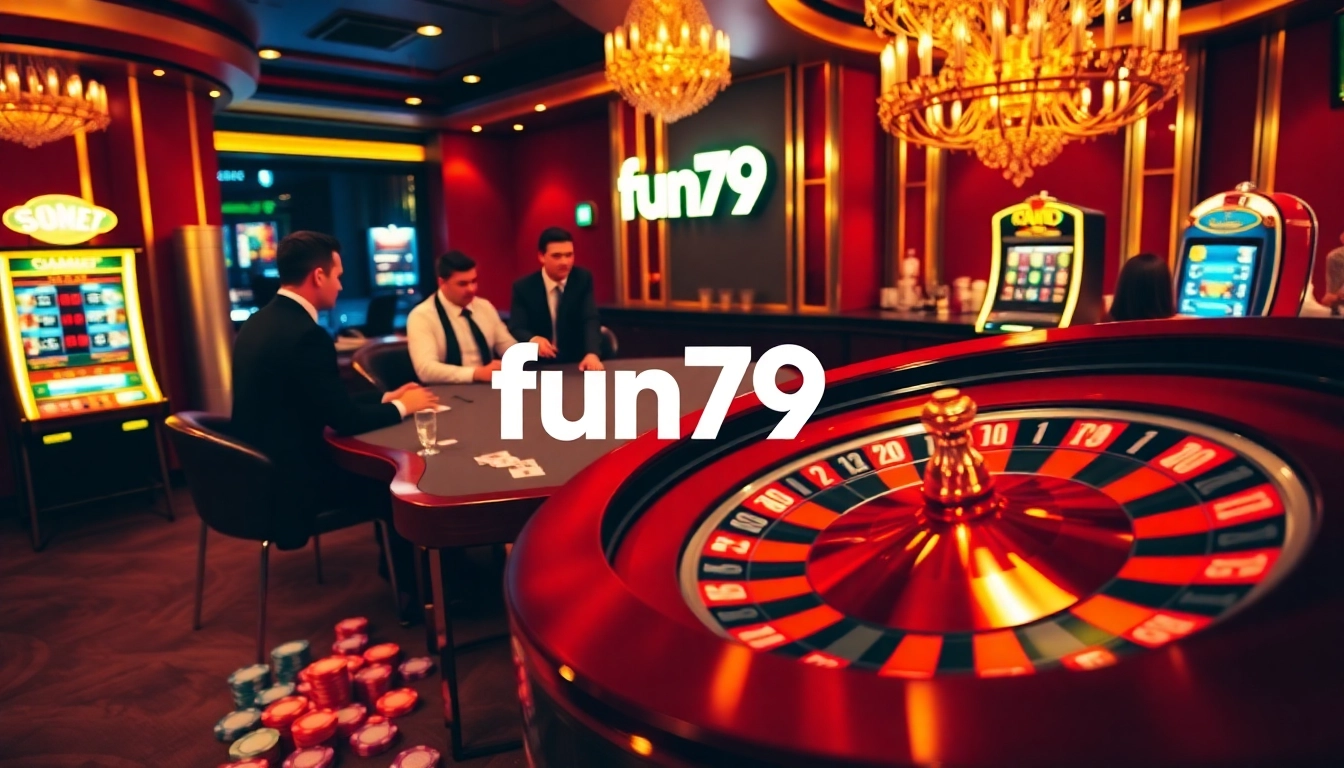Experience the excitement of fun79 at a luxurious casino with a roulette wheel, poker table, and vibrant slot machines.