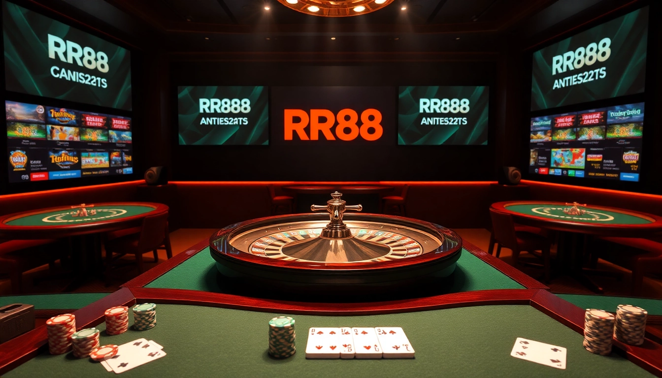 Experience the thrill of RR88 with vibrant casino elements like roulette and poker in a luxury setting.