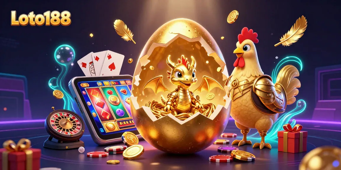 Loto188 showcases a colossal golden egg revealing a golden dragon amidst vibrant casino games and poker chips.