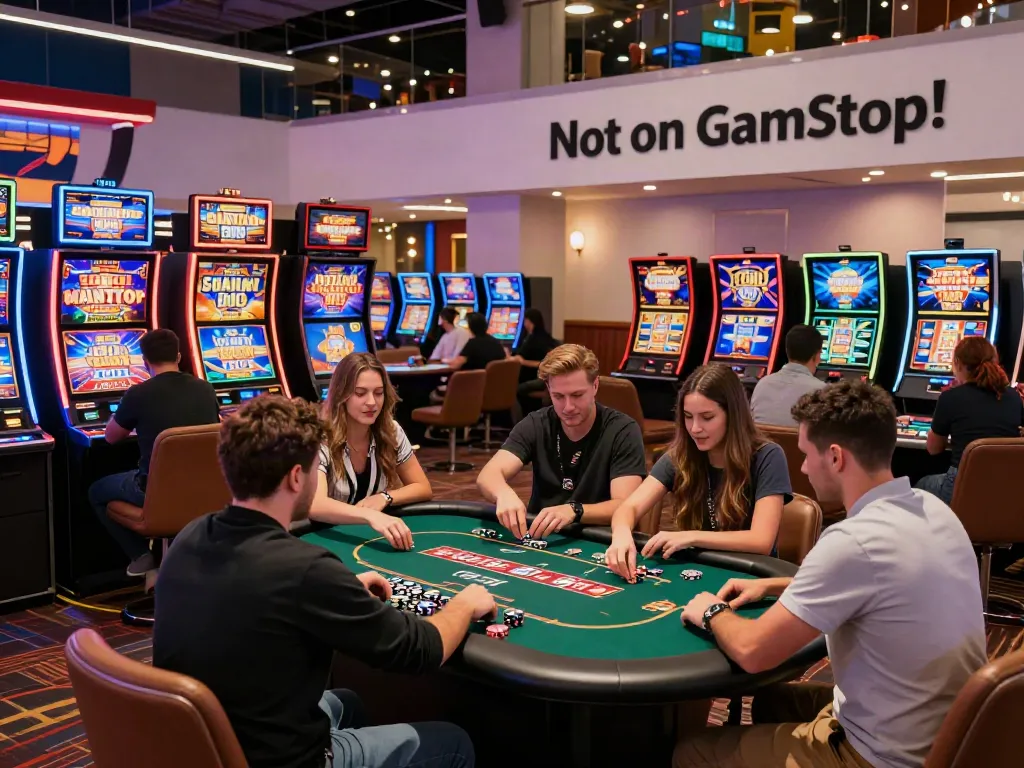 A lively casino not on GamStop scene with diverse players enjoying slots, poker, and roulette in a vibrant gaming atmosphere.