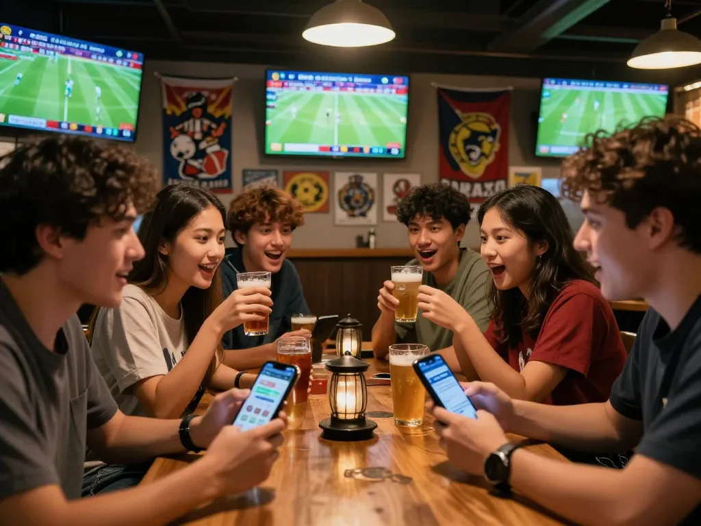 Kèo nhà cái odds displayed in a lively sports bar with friends enjoying live betting.