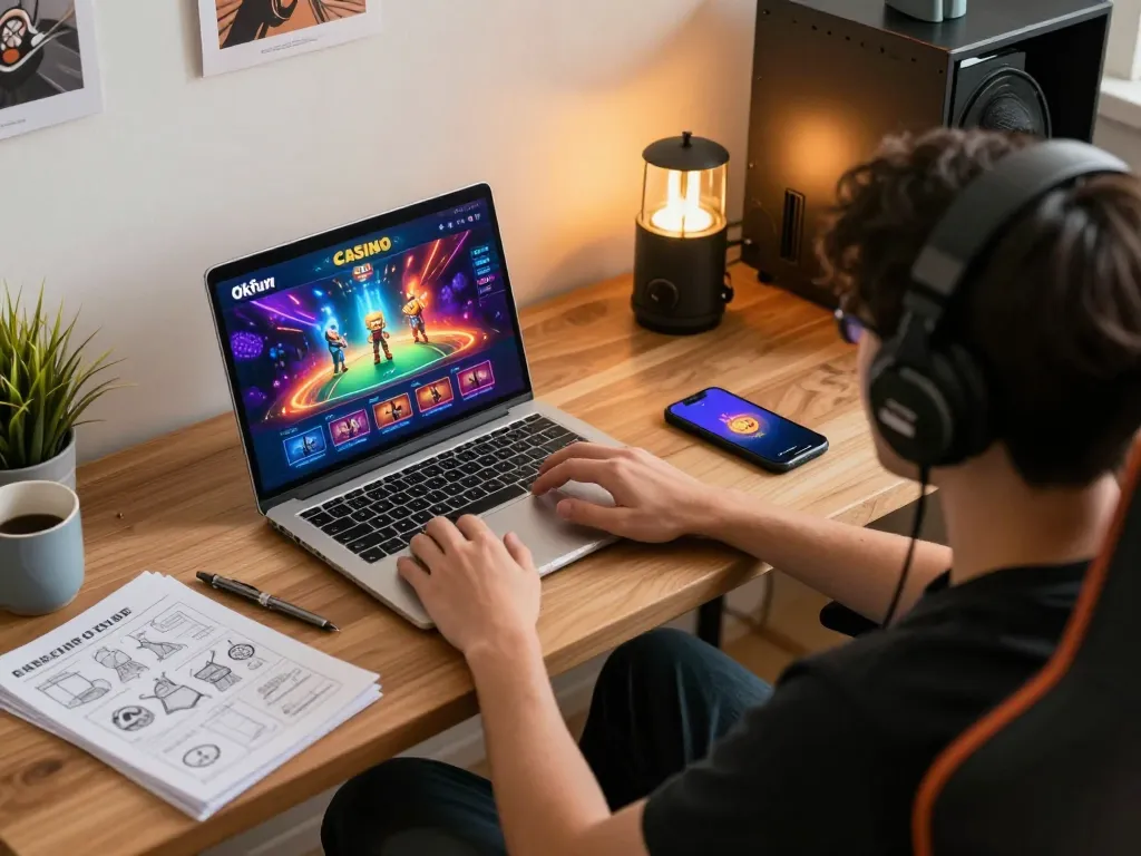 Engaging player using okfun casino app on laptop in a cozy home setup