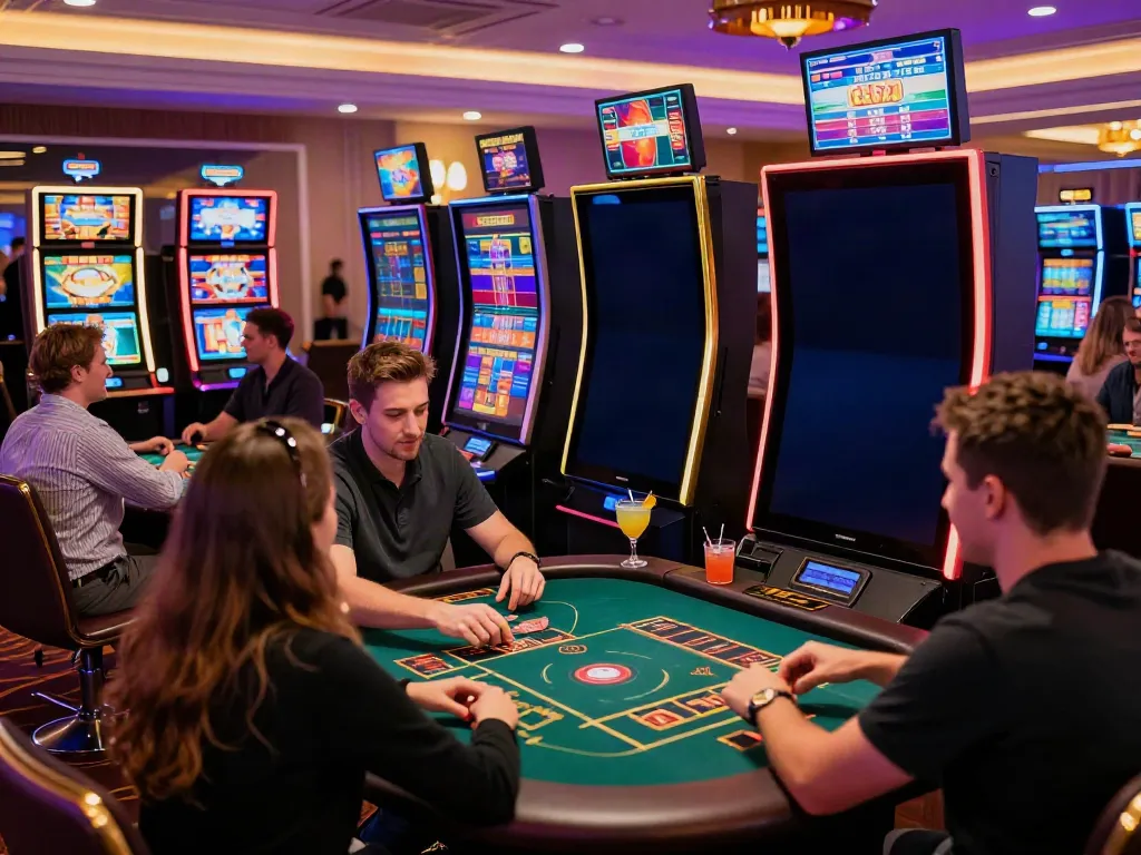 Players enjoying a casino not on GamStop environment with vibrant lights and festive celebrations.