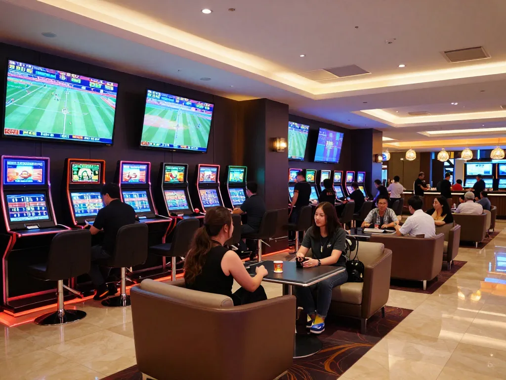 Engaged bettors analyzing kèo nhà cái on screens in a luxurious sports betting lounge.