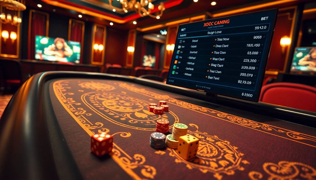 Xóc đĩa online game being played in a vibrant virtual casino setting with colorful chips and dice.