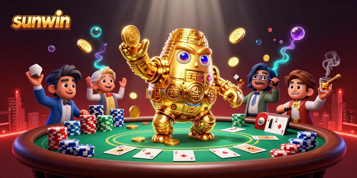 Join the excitement at sunwin's casino with a golden golem surrounded by poker elements.