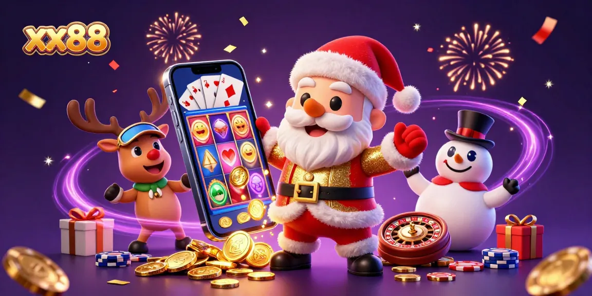 Engage with exciting slot games at xx88 with cheerful characters in a rich casino-themed digital illustration.