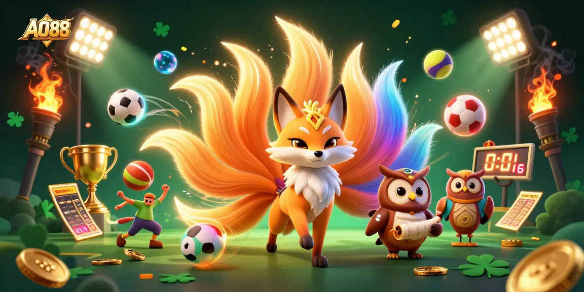 Engaging AO88 scene featuring a vibrant nine-tailed fox and wise owl amidst sports elements.
