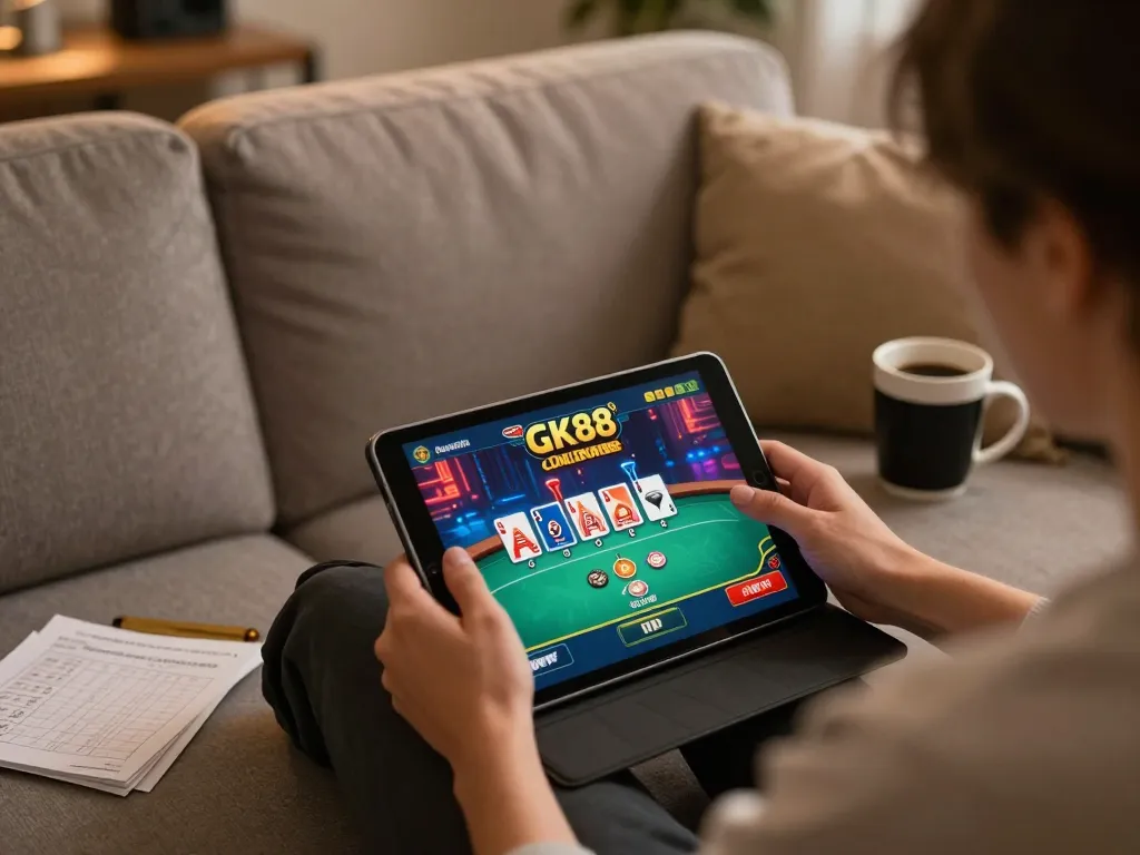 Player enjoying GK88 online gaming with strategic notes, cozy home gaming setup