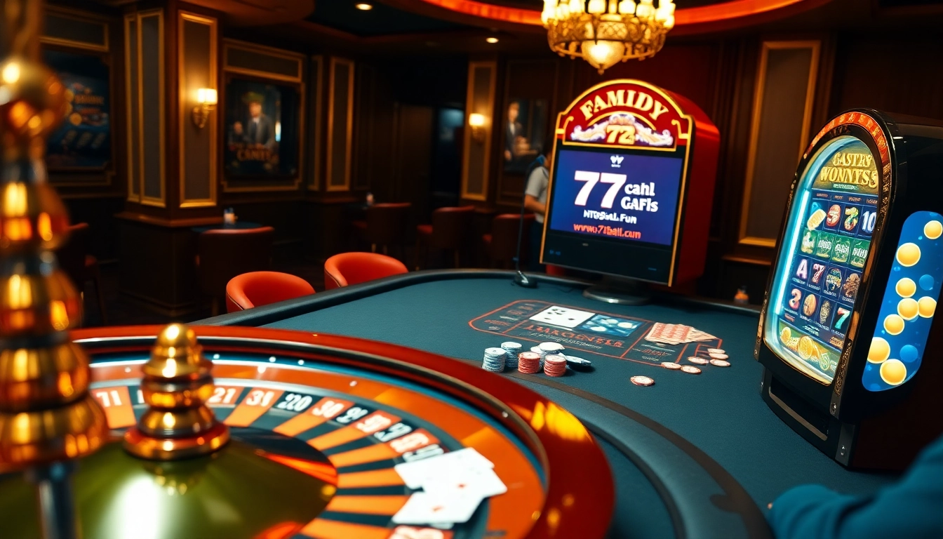 Experience thrilling gameplay at https://77ball.fun/ with a luxurious casino atmosphere showcasing roulette, poker, and slot games.