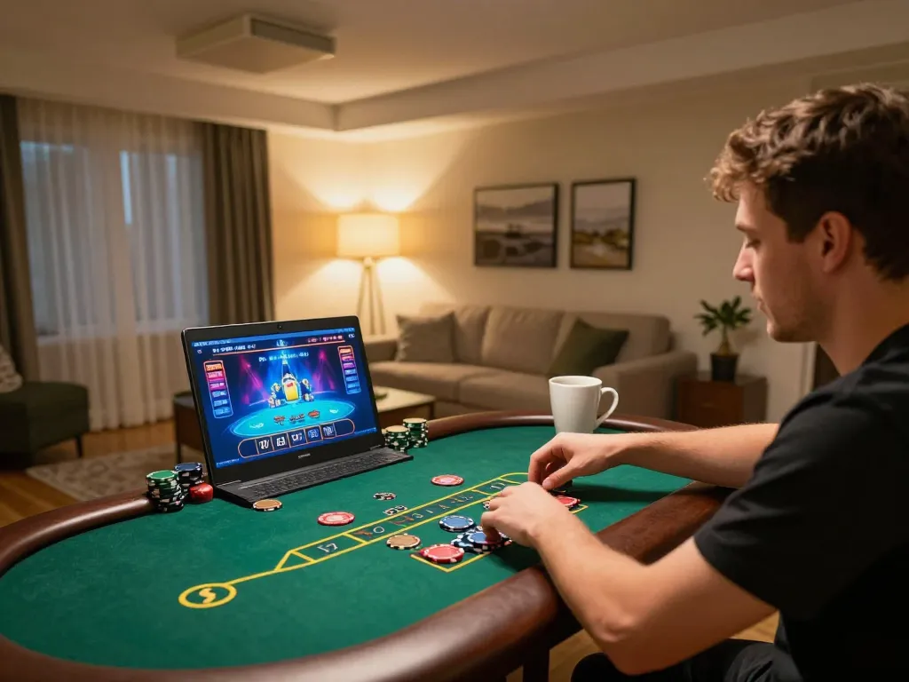 LV88 player engaging in online casino gameplay, capturing excitement with vibrant graphics.