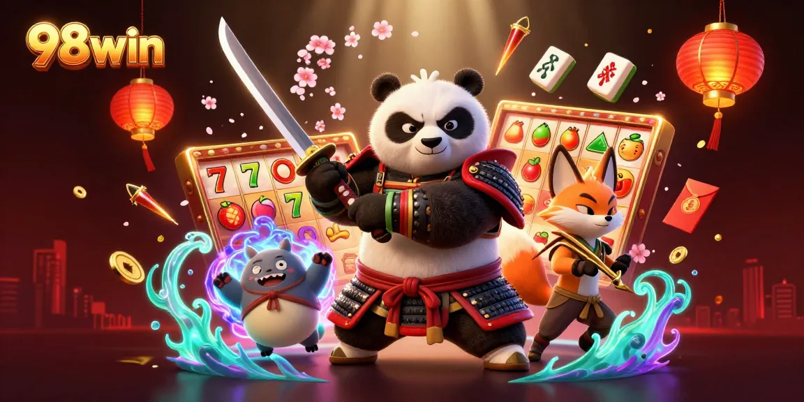 Experience winning thrills at 98win with a vibrant casino-themed illustration.
