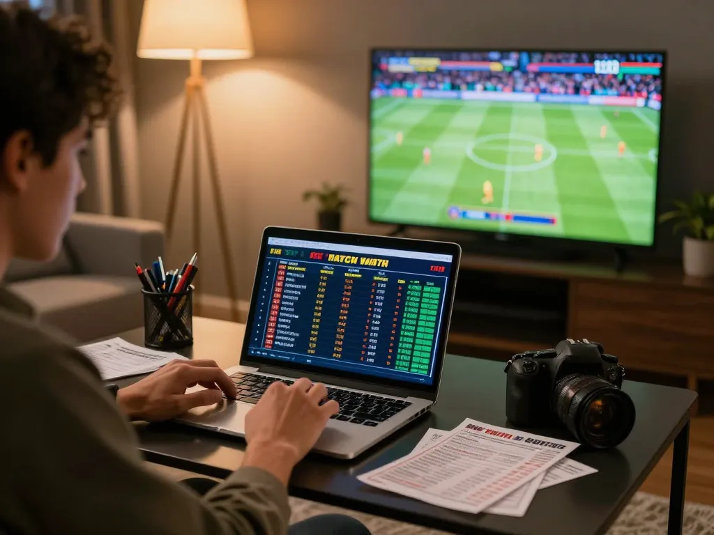 Engaged bettor analyzing keobongda sports statistics during a live match for informed betting.