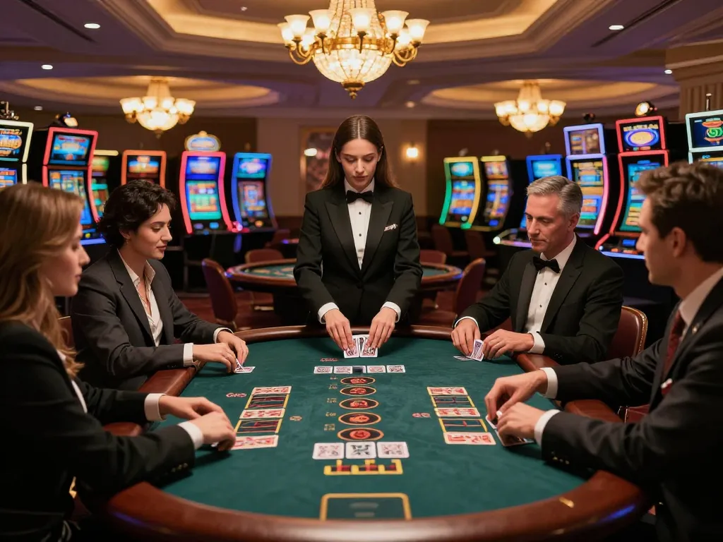Players engaging in blackjack at dt68 casino, showcasing an exciting gaming experience with dealer and bets in focus.